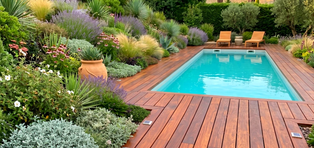 Création d'une plage de piscine en bois exotique, et végétalisation à l'anglaise , très fleurie.