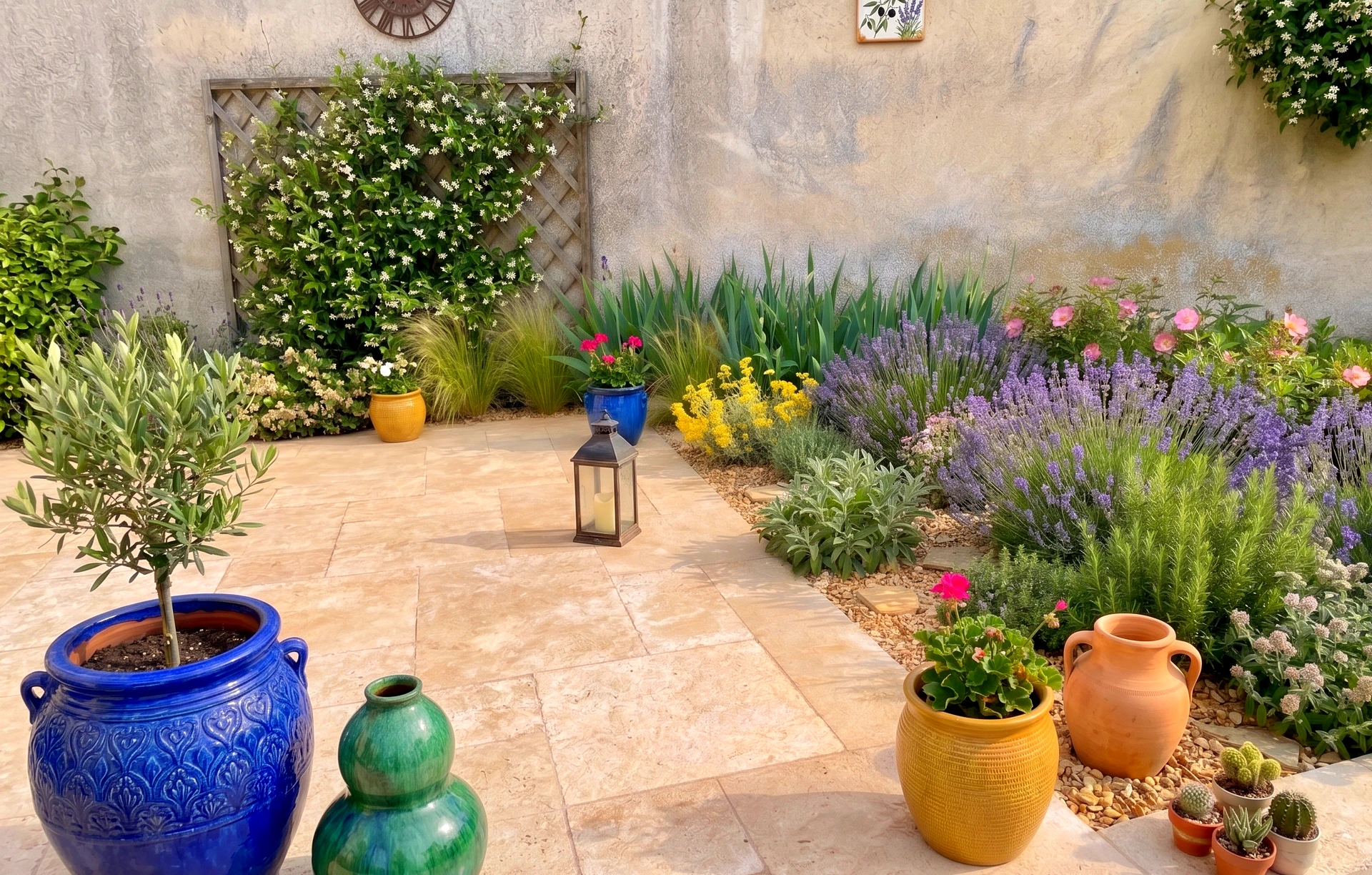 Terrasse en pierre naturelle type travertin accompagnée d'un massif de vivaces méditerranéennes